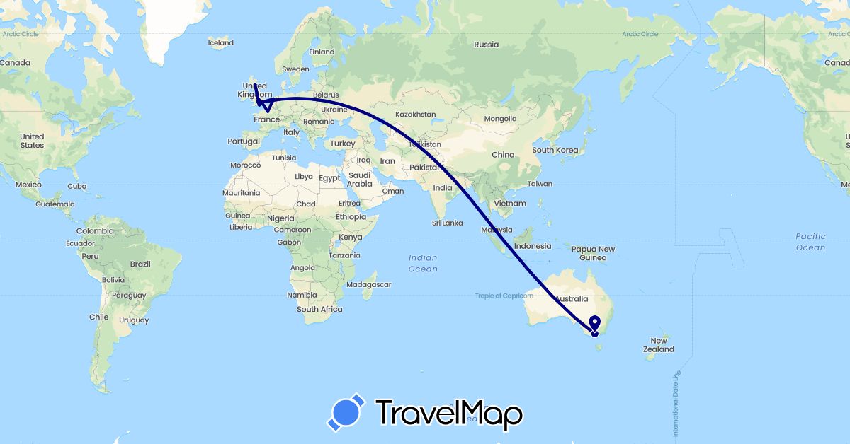 TravelMap itinerary: driving in Australia, France, United Kingdom, Netherlands, Singapore (Asia, Europe, Oceania)